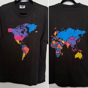 Vintage 90s Black World Map Double Sided Graphic Tee